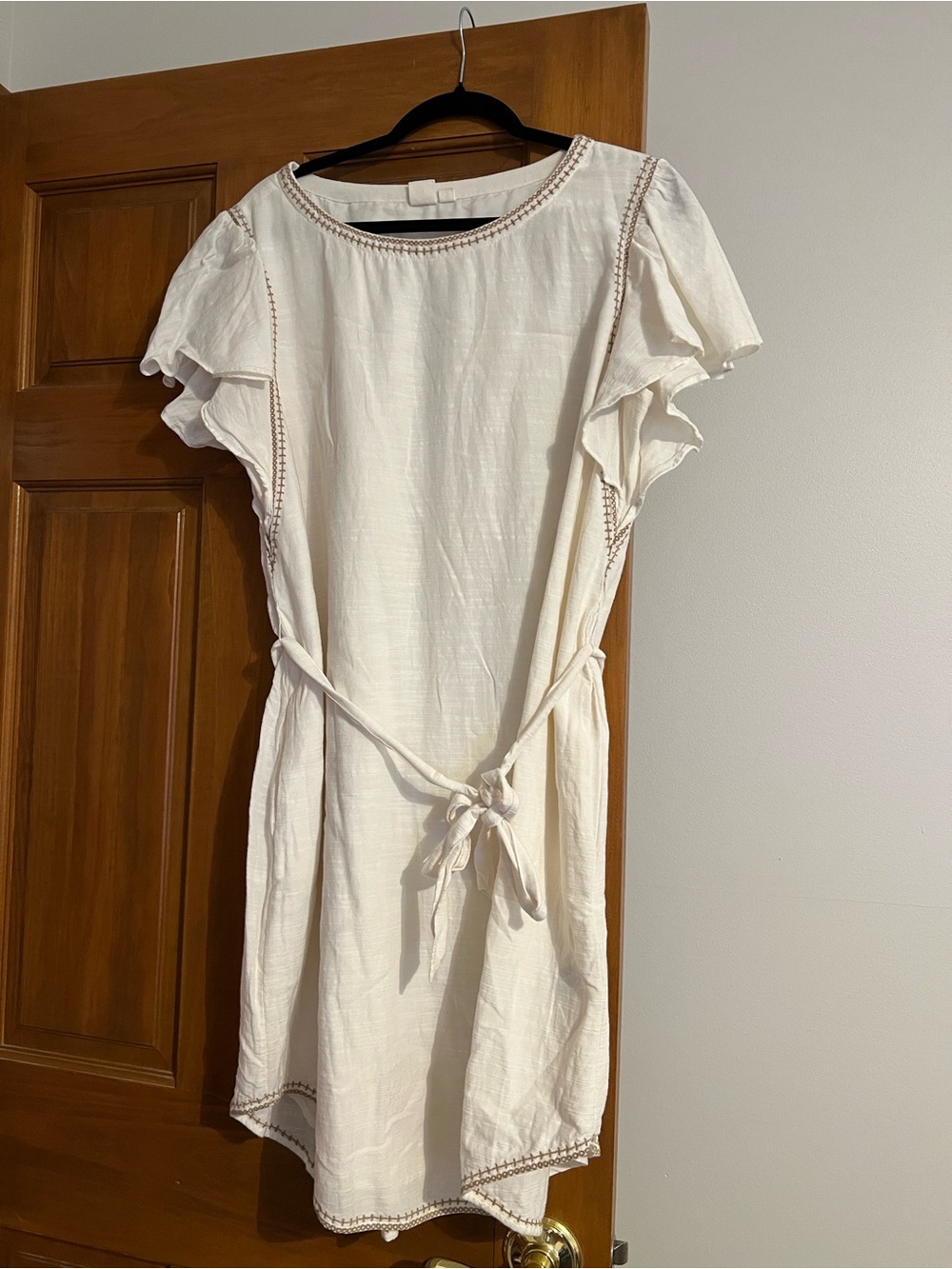 Women's Cream Short Sleeve Tie-Waist Dress